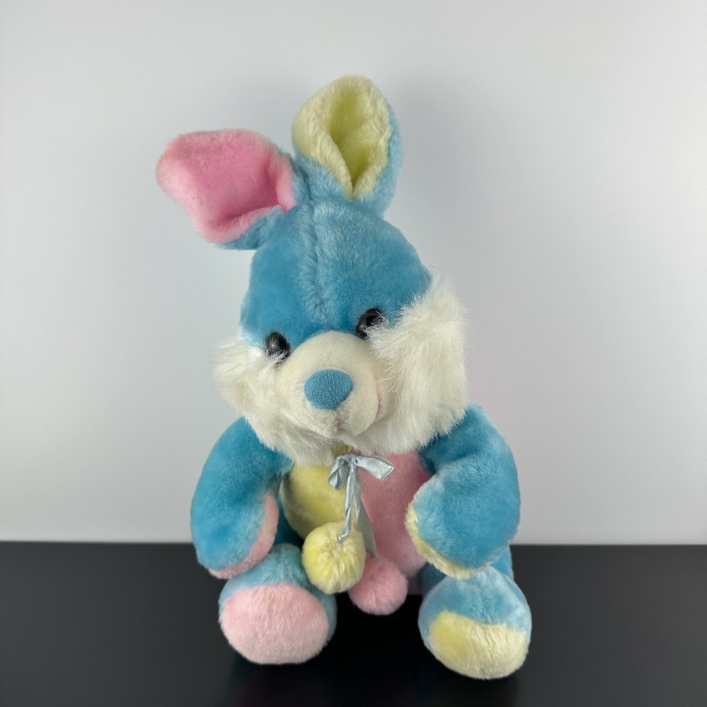 Caravan Rare Vintage Easter Bunny Rabbit 13” Rainbow Pastel Pink Blue Plush